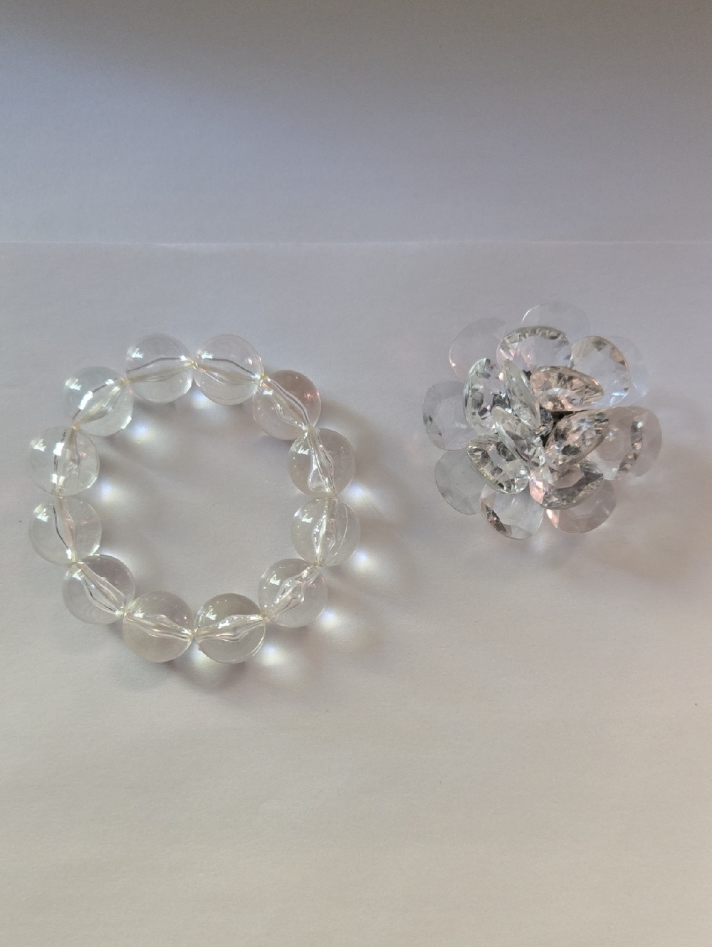 Clear Beaded Stretch Bracelet and Crystal Flower Ring